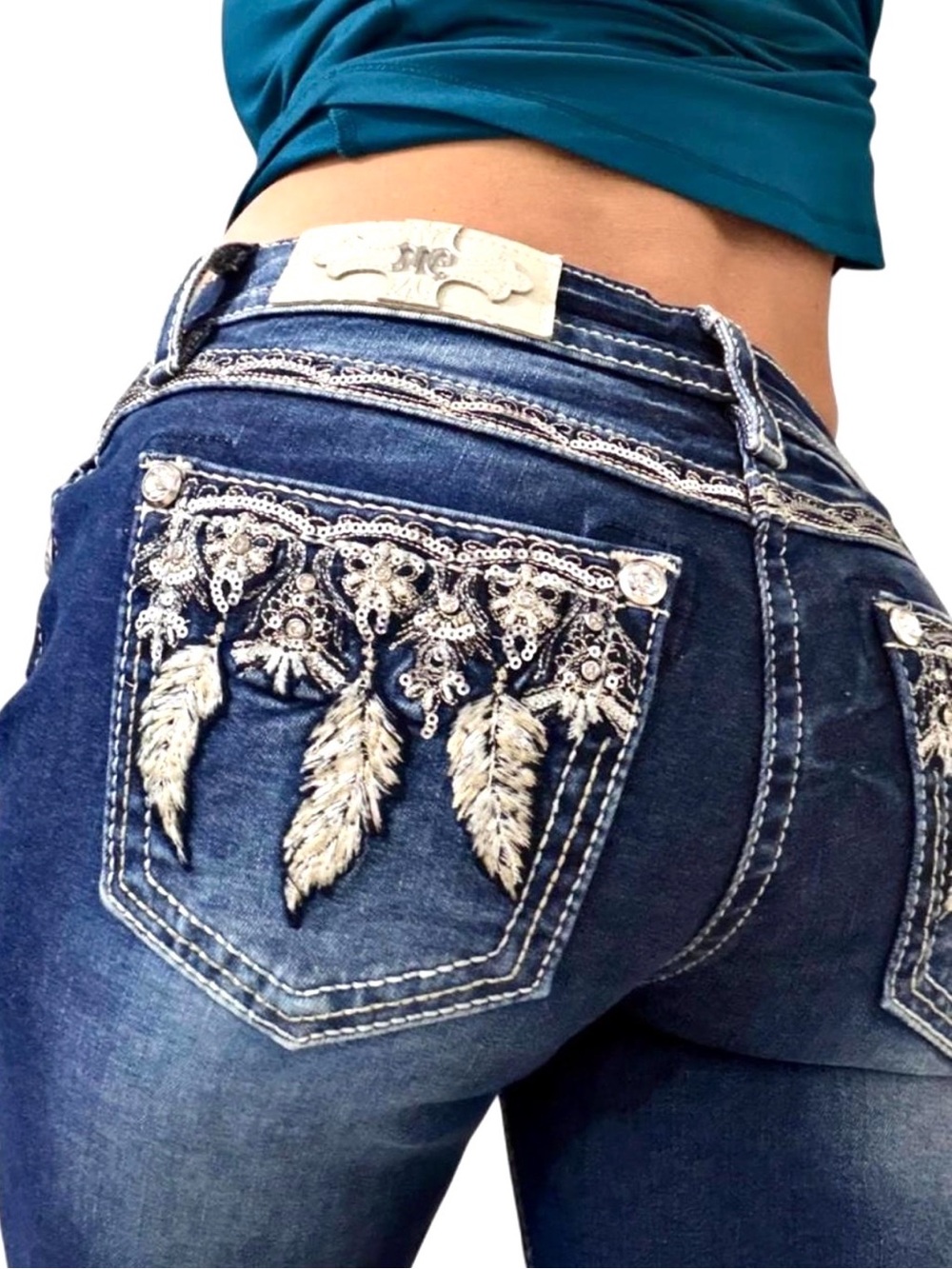 Womens Miss Me Jeans Size 27 Skinny Y2K Rhinestone Sequins Feather Hailey Blue